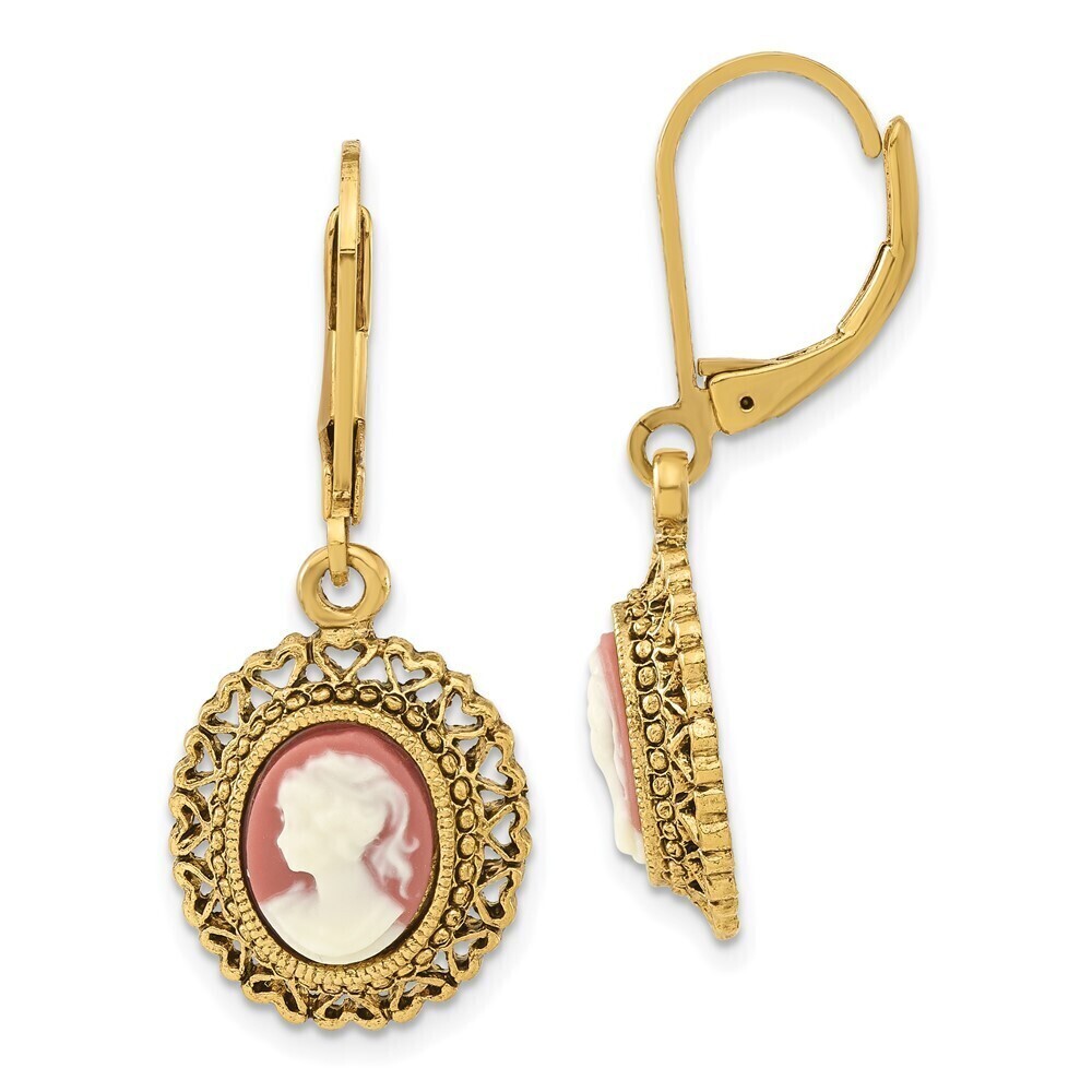 1928 Filigree Frame Ivory Colored Lady Acrylic Cameo Dangle Leverback Earrings